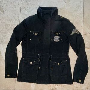 Black Utility Jacket with Patches and Gold Accents ● Military-Style ● Y2K